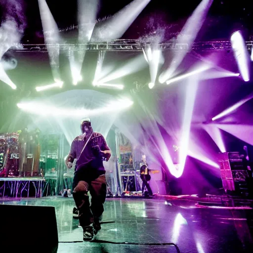 Image similar to limp bizkit plays a sold out show in an underground art deco train hall, laser lights, pyrotechnics, fog machine