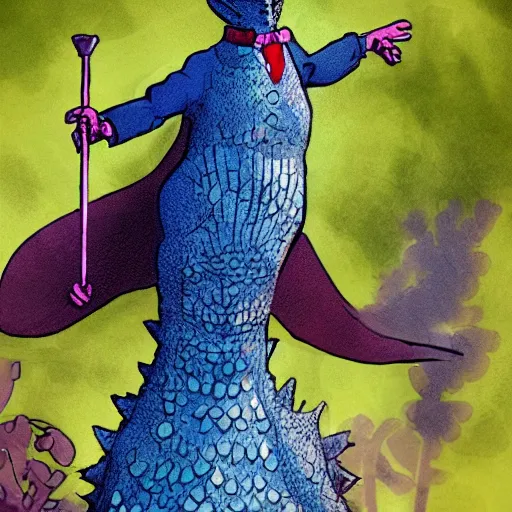 Prompt: marry poppins riding godzilla