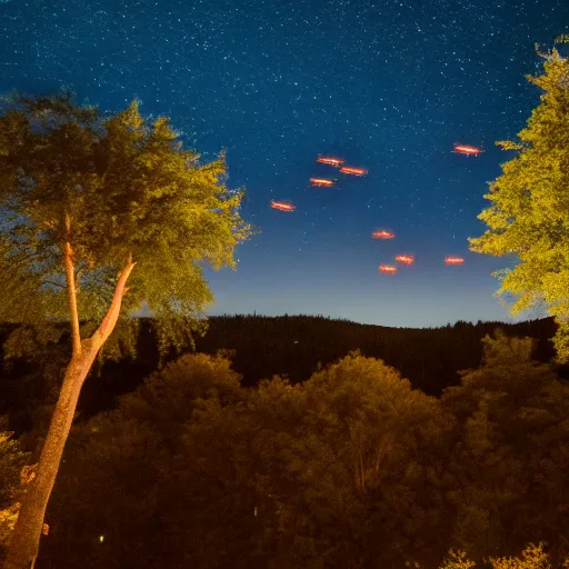 Image similar to Unidentified drones flying at night over trees, small town