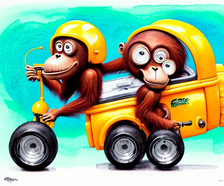 Image similar to cute and funny, orangutan wearing a helmet riding in a tiny hot rod with oversized engine | ratfink style by ed roth, centered award winning watercolor pen illustration, isometric illustration by chihiro iwasaki, edited by range murata, tiny details by artgerm, symmetrically isometrically centered