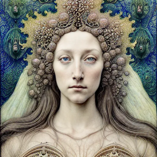 Image similar to detailed realistic beautiful young medieval queen face portrait by jean delville, gustave dore, iris van herpen and marco mazzoni, art forms of nature by ernst haeckel, art nouveau, symbolist, visionary, gothic, neo - gothic, pre - raphaelite, fractal lace, intricate alien botanicals, ai biodiversity, intricate hyper detailed ultra sharp octane render