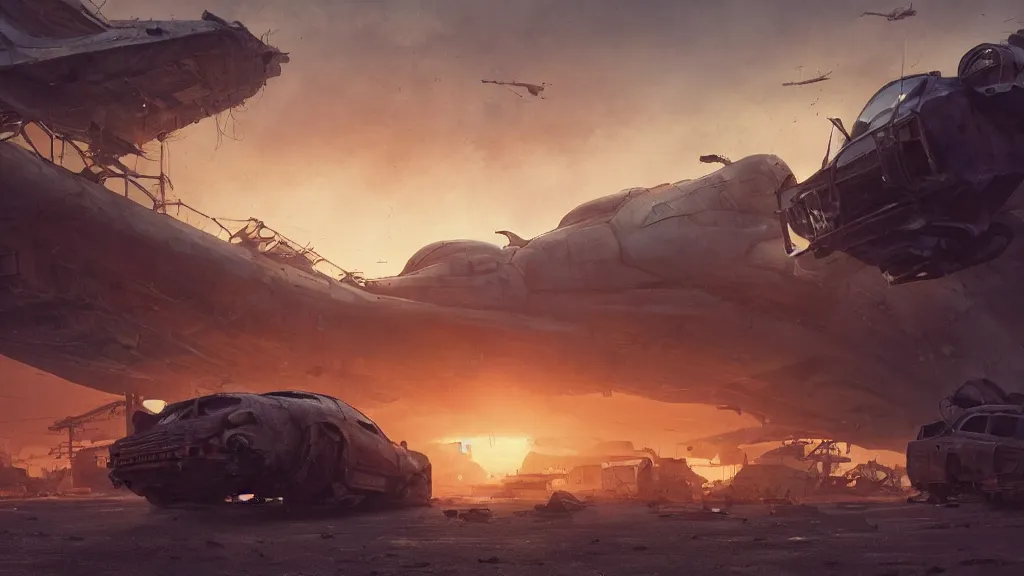 Image similar to a Photorealistic hyperrealistic render of a gigantic spaceship landing at a Junkyard full of weathered vehicles by PIXAR,Greg Rutkowski,Nicolas Bouvier SPARTH,James Paick,WLOP,Artgerm,dramatic moody sunset lighting,long shadows,Volumetric, cinematic atmosphere, Octane Render,Artstation,8k