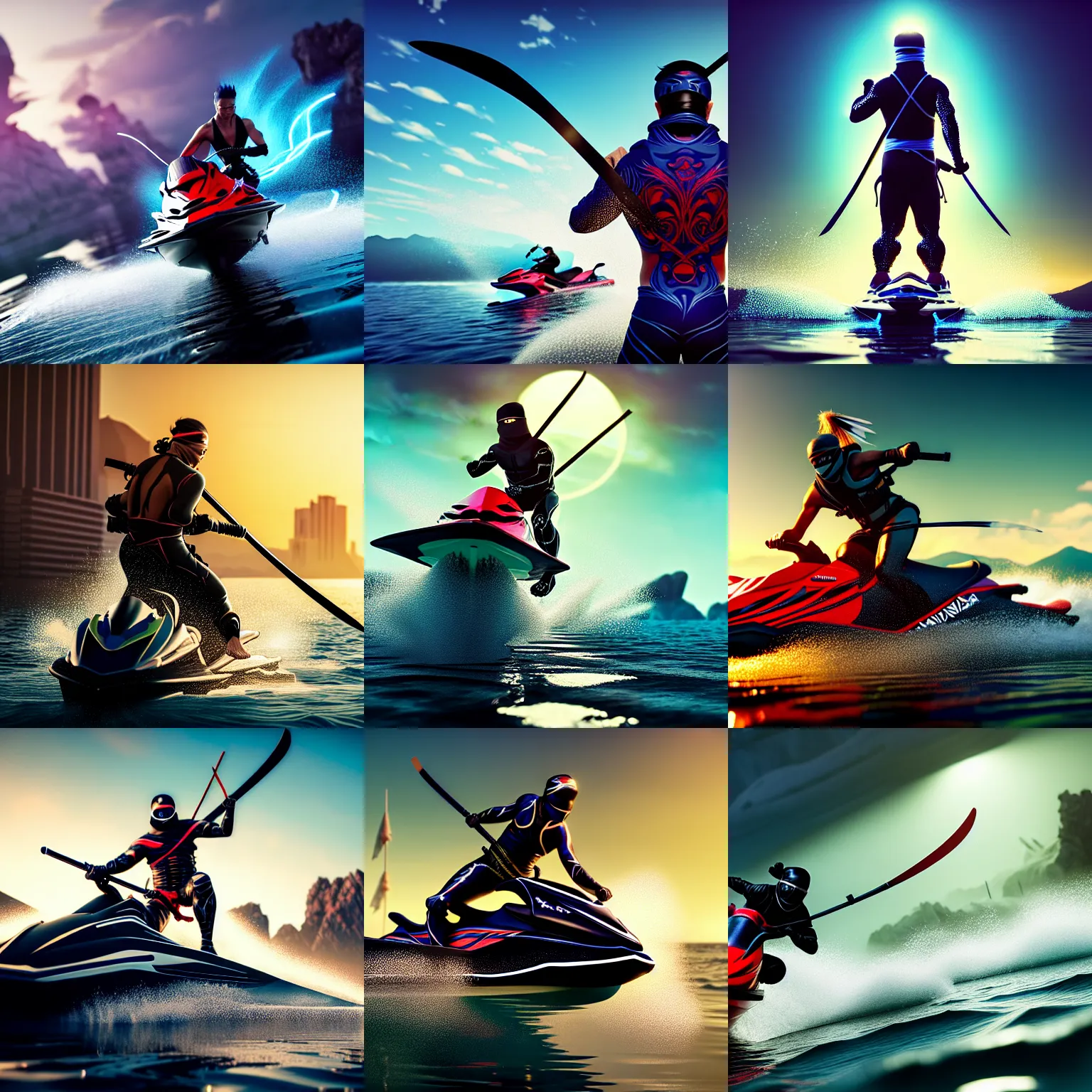 Prompt: a full body painting of a [ ninja on jetski ] [ katana on his back ], intricate, epic lighting, cinematic composition, hyper realistic, 8 k resolution, unreal engine 5, by artgerm, tooth wu, dan mumford, beeple, wlop, rossdraws, james jean, andrei riabovitchev, artstation