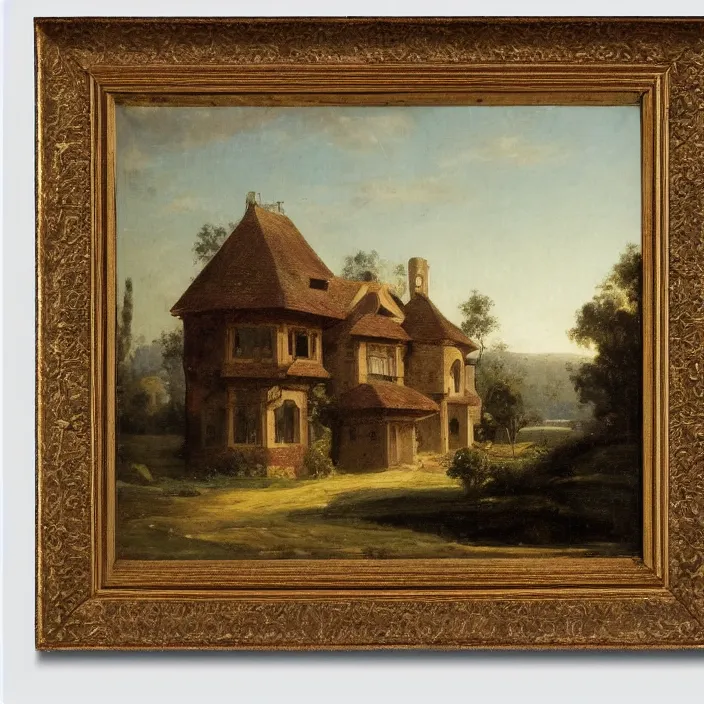 Prompt: a building in a serene landscape, romanticism art