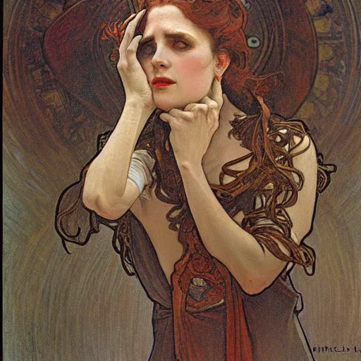 Prompt: pale woman, angry, painted by alphonse mucha