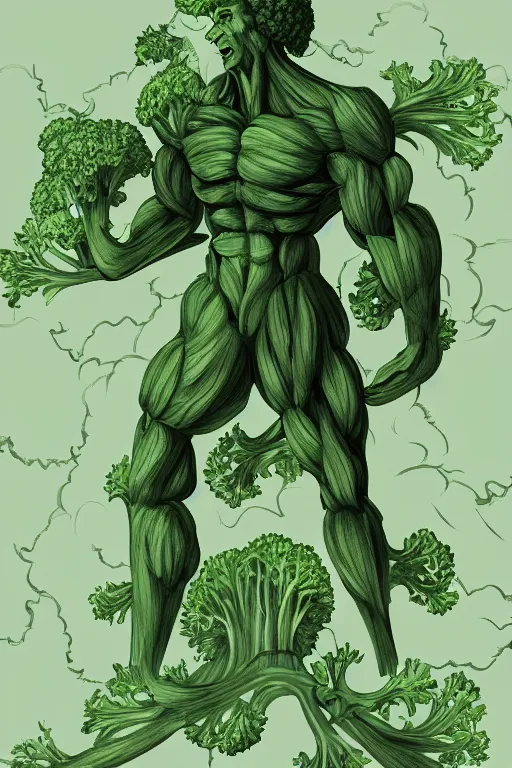 Image similar to ripped broccoli man, full body, human figure, highly detailed, digital art, sharp focus, trending on art station, anime art style