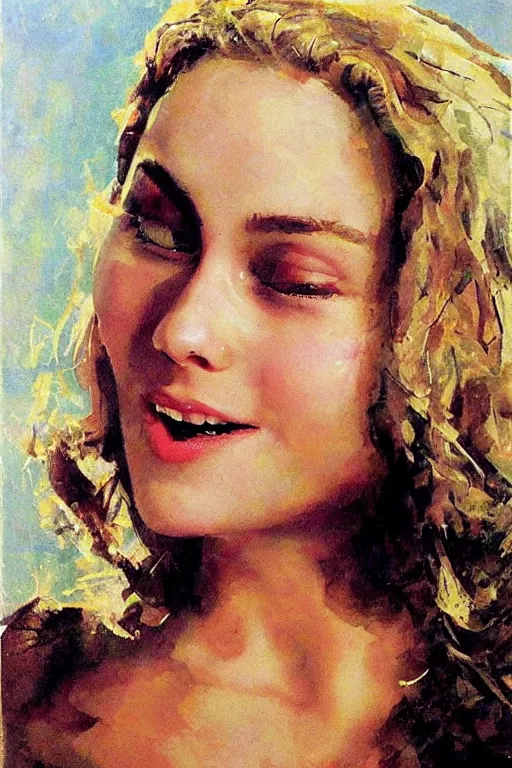 Image similar to Annasophia Robb cute surprised, shocked, eyes closed, bliss, highly detailed, painted by John Singer Sargant, Frank Frazetta