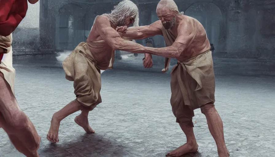 Image similar to jesus christ fighting a very old man, hyperrealistic, 8k, artstation, cgsociety