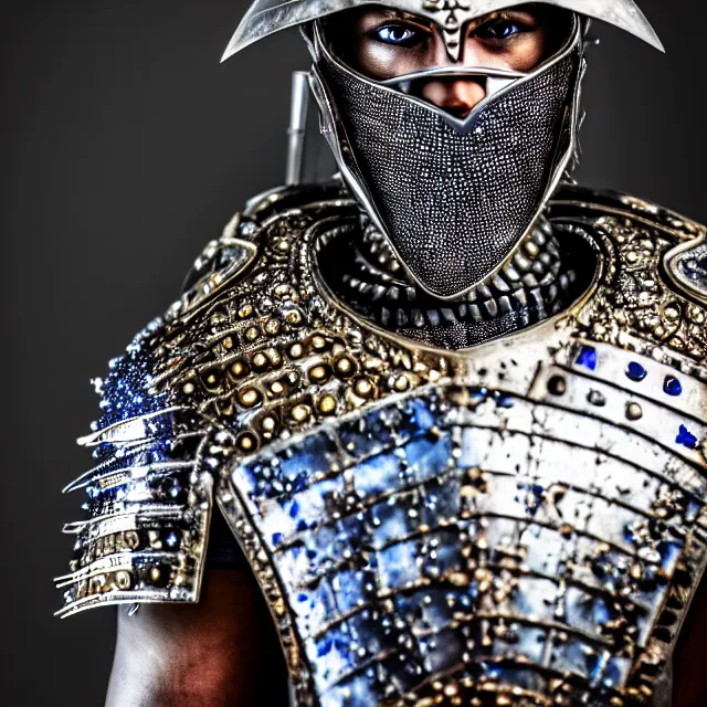 Image similar to photo of a warrior with sapphire encrusted armour highly detailed 8 k hdr smooth sharp focus high resolution award - winning photo dslr 5 0 mm