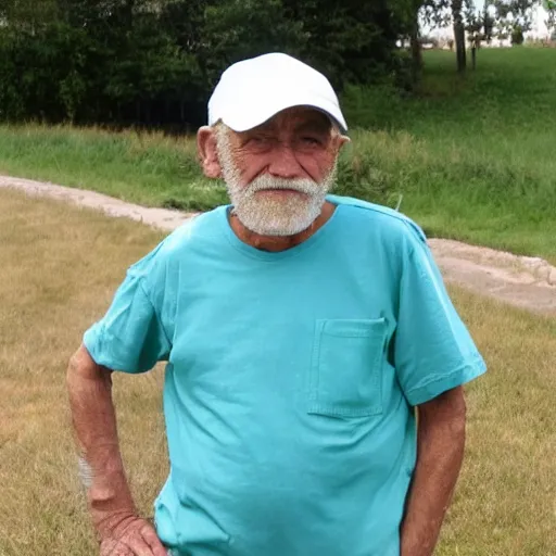 Image similar to old man wearing green shirt, blue cap, white hairs