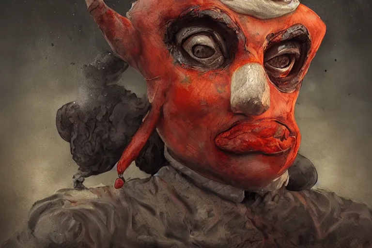 Prompt: a highly detailed pulcinella!! from naples, pizza!, volcano, black sky, smoke, fire lava, post - apocalyptic vibe, full body, wide angle, an ultrafine detailed painting by rivorio mok, trending on deviantart, whimsical, lowbrow, perfect symmetrical face, sharp focus, octane, masterpiece