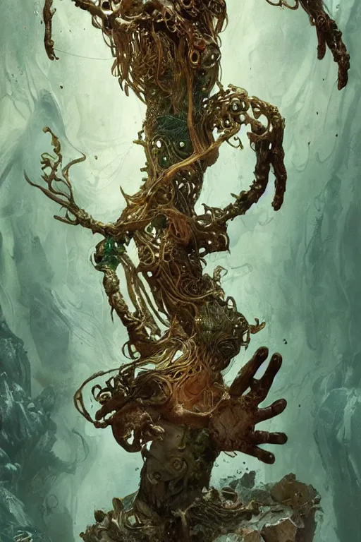 Image similar to epic 3 d oxossi, ifa deity, liquid hands and feet spinning, 2 0 mm, with brown and green water melting smoothly into herbs and wooden contraptions, fierce, animalistic, intricate, houdini sidefx, trending on artstation, by jeremy mann and ilya kuvshinov, jamie hewlett and ayami kojima, 3 d bold