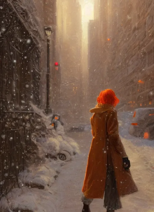 Image similar to back of emma stone in beige coat, orange hair, walking into new york apartment building in winter, opening door, building entrance, snow, zoomed out, artwork by gaston bussiere, craig mullins, trending on artstation
