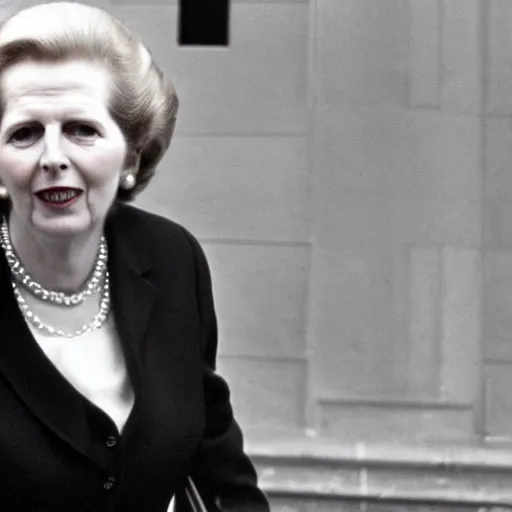 Image similar to Margaret Thatcher carrying a machine gun