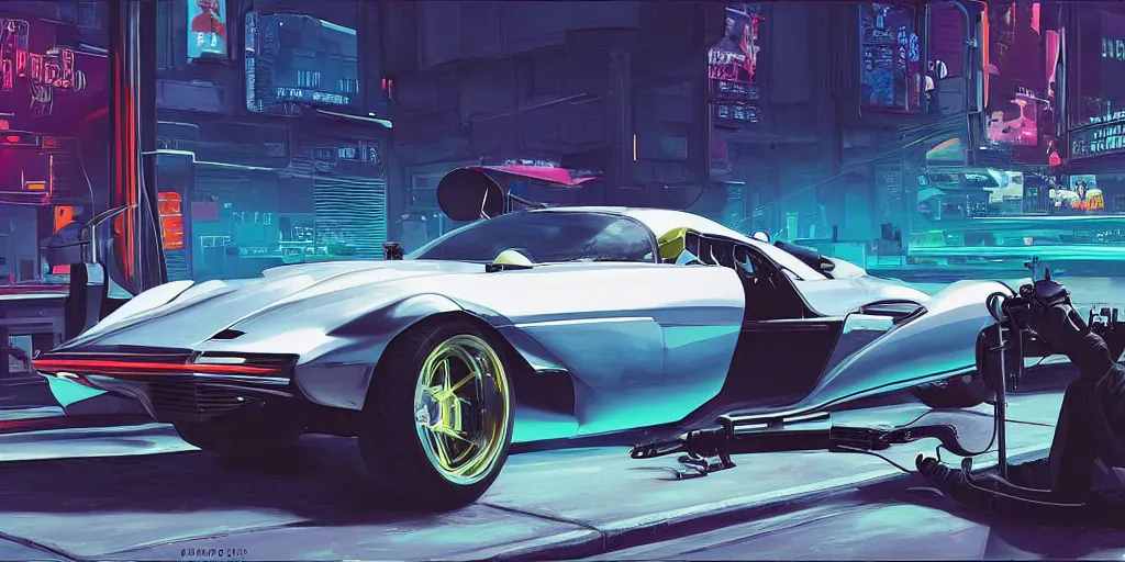 Image similar to art style by Ben Aronson and Edward Hopper and Syd Mead, wide shot view of the Cyberpunk 2077, on ground level. full view of the Tata Tamo Racemo with wide body kit modification and dark pearlescent holographic paint, has gullwing doors open.