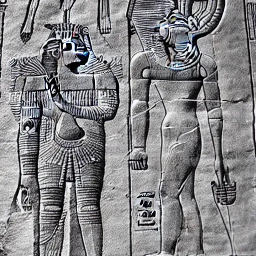 Image similar to the annunaki returned to egypt wearing space suits with egyptian pharaoh head - dresses and breathing hoses that look like elephant trunks - photo, close - up, alien - looking, cyborg, detailed, photo - realism