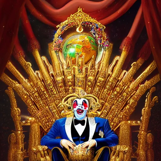 Prompt: shining giant throne made of millions of diamonds, gold and sapphires with thousands of light reflections, and a clown on a tuxedo suit is sitting on the throne while carrying an earth globe, dramatic light, digital painting, ultradetailed, artstation, oil painting