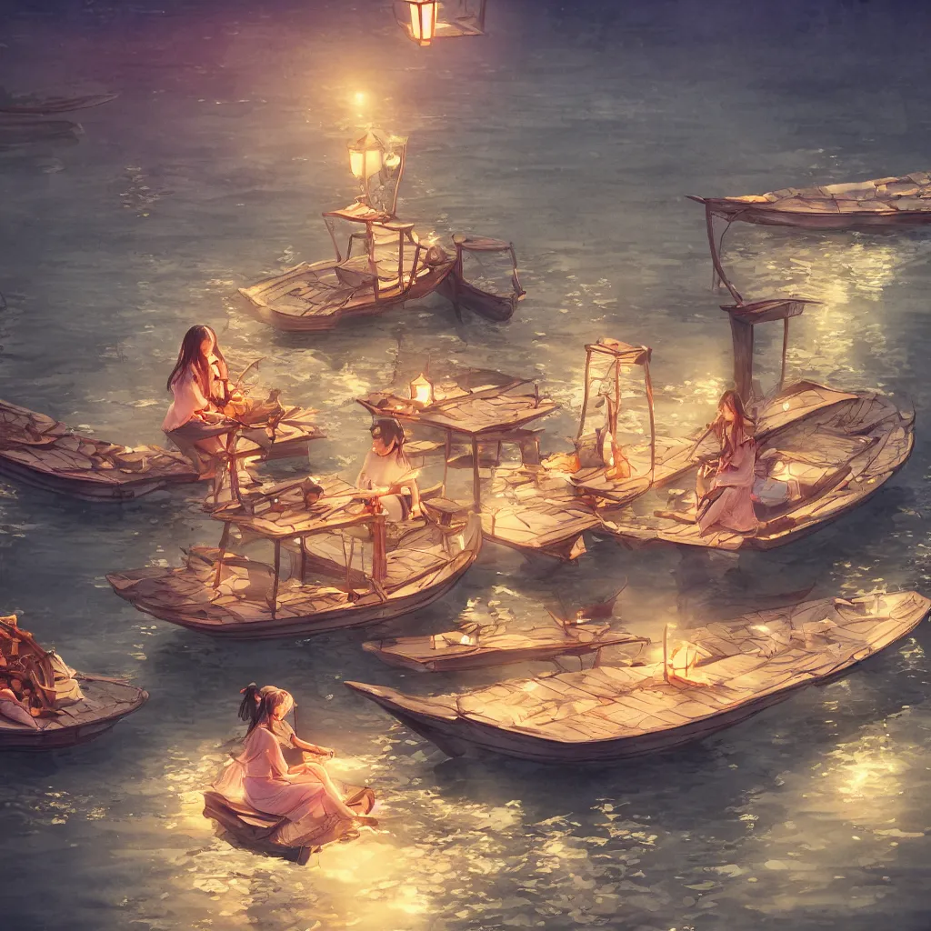 Prompt: grand river lantern festival photo, a beautiful girl is sitting on the boat, chinese watercolor style, trending on artstation, global illumination, radiant light, night lighting, fantasy art by makoto shinkai, highly detailed and intricate environment, 8 k