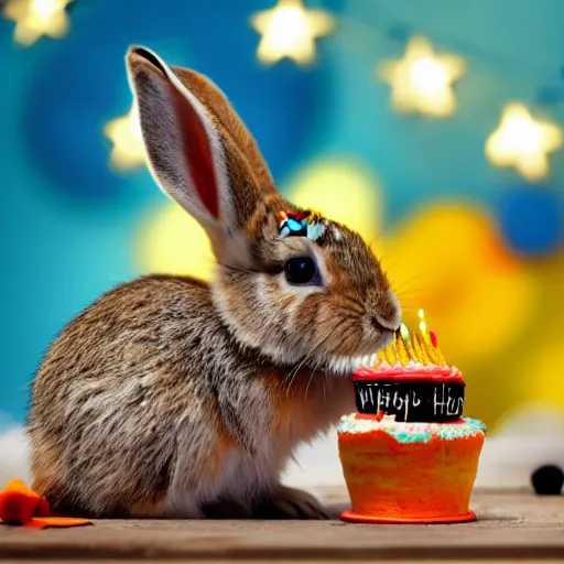 Image similar to photo of baby rabbit eating birthday cake, cinematic, 4 k, highly detailed, strong bokeh