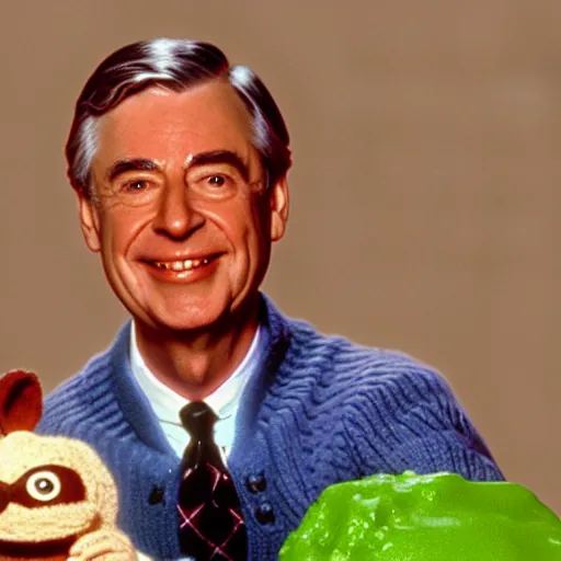 Image similar to mr. rogers proudly displaying an extremely disturbing horror puppet dripping with slime, color screengrab, 4 k