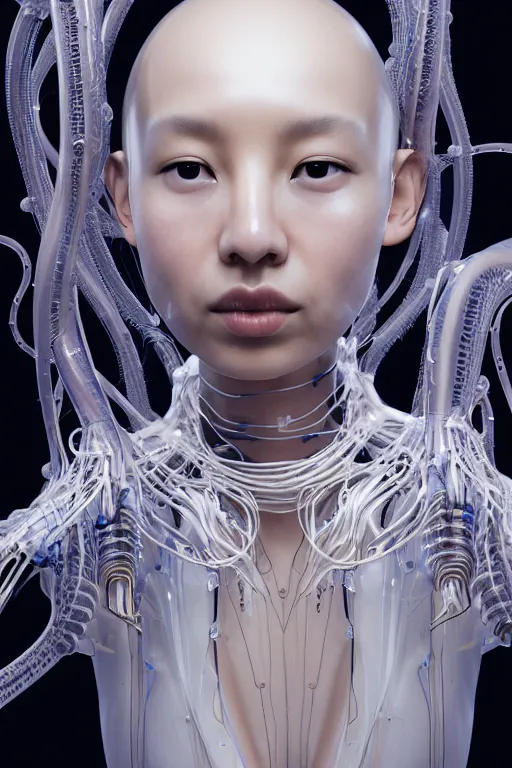 Image similar to young asian woman, iris van herpen, beautiful face, perfect symmetrical body, full body shot, inflateble shapes, wires, tubes, veins, jellyfish, white biomechanical details, wearing epic bionic cyborg implants, masterpiece, intricate, biopunk, vogue, highly detailed, artstation, concept art, cyberpunk, octane render