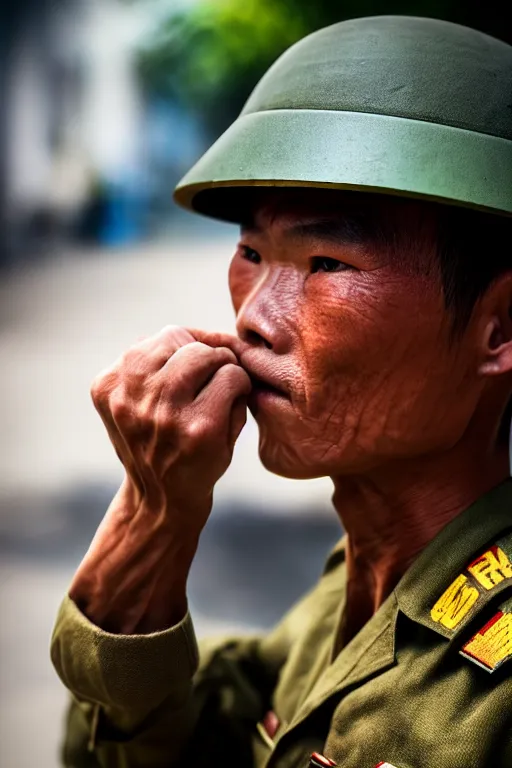 Prompt: vietnam soldier with skateboard, pulitzer award, extreme close up, captured by nikon d 8 5 0, 4 k, body features, face features, bokeh, proportional, details, object features, by daniel berehulak and adnan abidi and preston gannaway