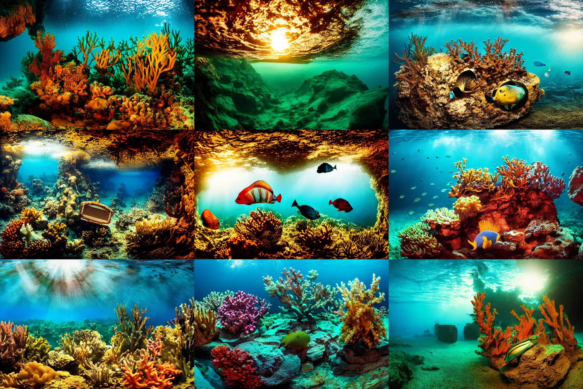 Prompt: underwater photography, wide angle, national geographics, ocean bottom, treasure chest, exotic fish, coral, cinematic, volumetric light