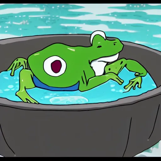 Prompt: frog in bath screenshot from anime