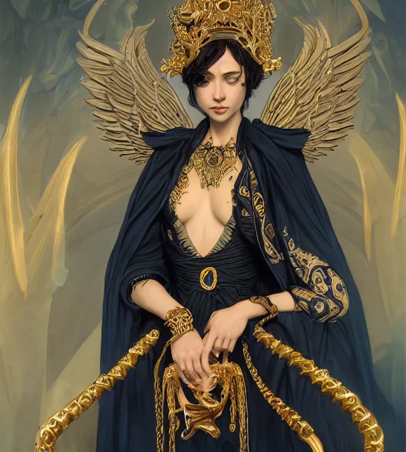 Image similar to god of death, young man, in the underworld, elegant dark blue dress, very detailed, throne, very intricate details, jewelry, gold tattoos, elaborate long black hairstyle, wings, cinematic, artstation, william bouguereau, alphonse mucha, greg rutkowski, rossdraws, octane render