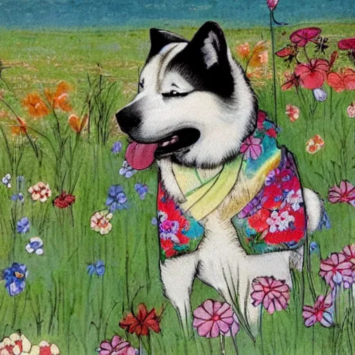 Image similar to a female akita inu wearing a kimono, in a field of flowers, painting in the style of warwick goble