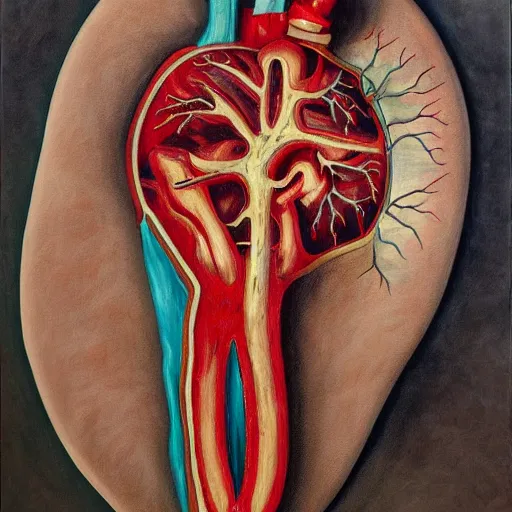 Image similar to dramatic oil in canvas of the anatomy of heart, very detailed