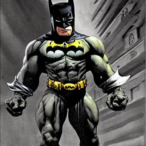 Image similar to frank frazetta the hulk as batman, 8 k, realistic, photo real, smooth, sharp, intricate detail, hyper detail, dramatic lighting, dramatic shading