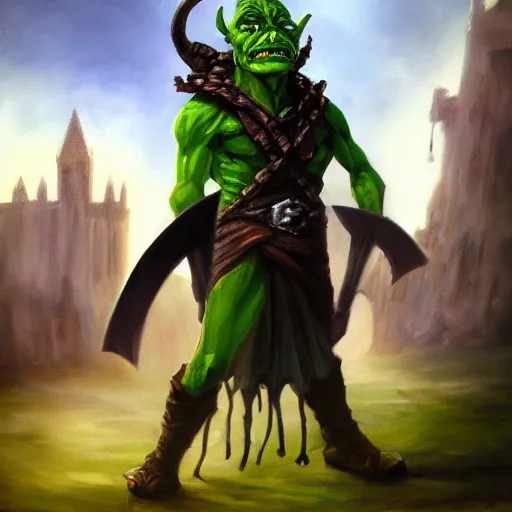 Prompt: goblin wizard, oil painting, dramatic, robed warrior, green orc with horns, castle in background, stone brick background, ultra realistic, artstation award, fantasy, concept art, powerful pose