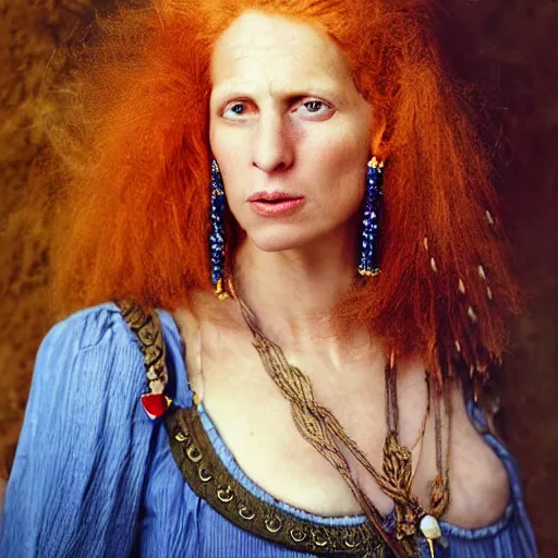 Image similar to Extremely detailed photo realistic matte portrait painting of winking Century Barbary Coast pirate Woman with Ginger hair and Golden hooped earrings photography by Annie Leibovitz, and Steve McCurry