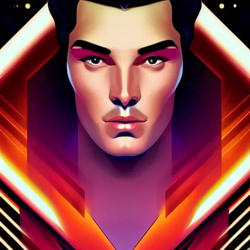 Prompt: a stunning glamor profile portrait of an art deco synthwave man, 80s nostalgia, by Evelyn De Morgan and Ross Tran, rossdraws