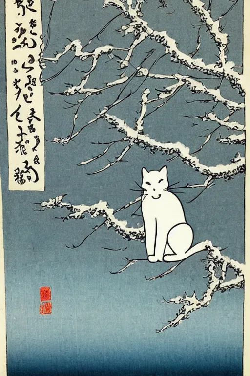 Image similar to white cat in the tree in winter day in the style of Utagawa Hiroshige