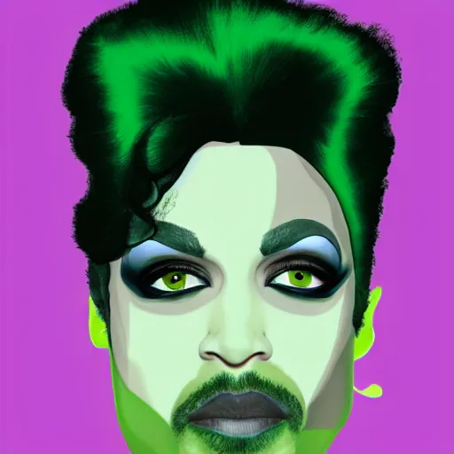 Prompt: a portrait of prince as two face. half his face is white with green hair. in the style of herbert bayer