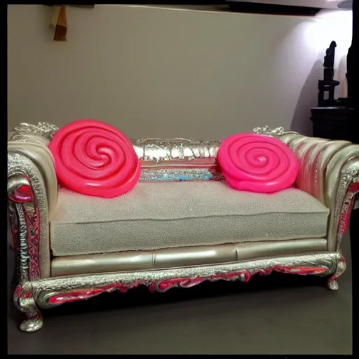 Image similar to sofa made out of candy, glossy, realistic, detailed,