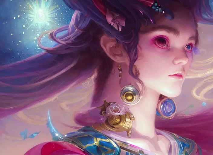 Image similar to close up picture of an maximalist dress magical girl, neat hair with bangs, smug face, extremely beautiful and aesthetic and detailed cute face and eyes, wipe out evils with cute astronaut familiar sprites, aming the magical beams to the camera, chiaroscuro, intricate, masterpiece, epic fantasy illustrations by peter mohrbacher and anato finnstark and jeremy lipking