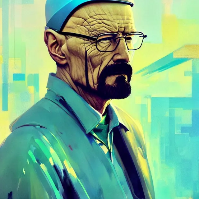 Prompt: a beautiful painting of a 7 0 s sci - fi walter white by sachin teng and pascal blanche and ruan jia and greg rutkowski. in style of futurism art. ( ( colorful comic ) ), film noirs, ( ( brush stroke ) ), ( ( vibrating colors ) ), hyper detailed. 4 k texture. octane render. trending on artstation