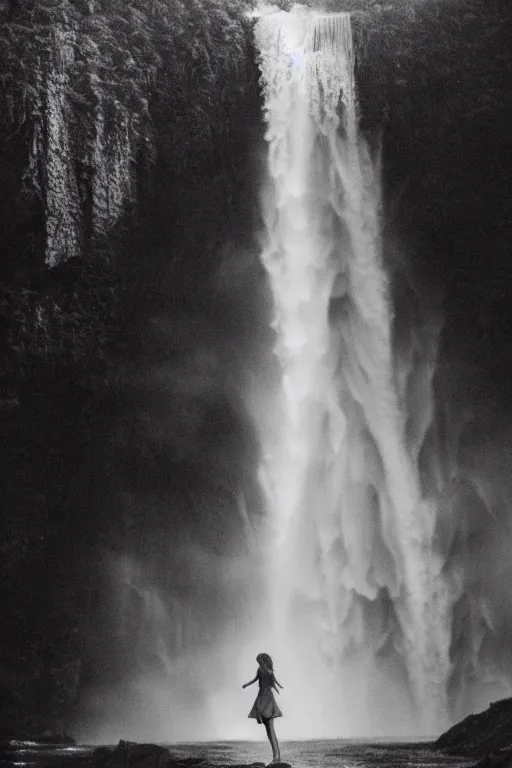 Image similar to intimate photo of emma watson walking through a waterfall, portrait in the style of petter hegre, sharp details, beautiful face, pale skin, rule of thirds, cinematic lighting, rainy weather, melancholy atmosphere, sharp focus, backlit, stunning, smooth, hard focus, full body shot, instagram photo, shot on iphone 1 3 pro max, hyper realistic