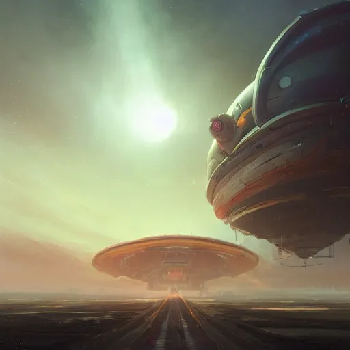 Prompt: a digital painting of a gigantic big enormous spaceship in the sky, concept art by simon stalenhag and peter mohrbacher cgsociety, vanitas, ominous, speedpainting, apocalypse art. low angle shot. unreal engine. hyper - realistic. photo realistic. octane render. detailed masterpiece. extreme wide shot.