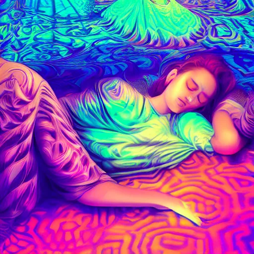 Image similar to photorealistic sleeping in a trippy psychedelic world. hyperdetailed photorealism, 1 0 8 megapixels, amazing depth, high resolution, 3 d shading, 3 d finalrender, 3 d cinematic lighting, glowing rich colors, psychedelic overtones, artstation concept art.