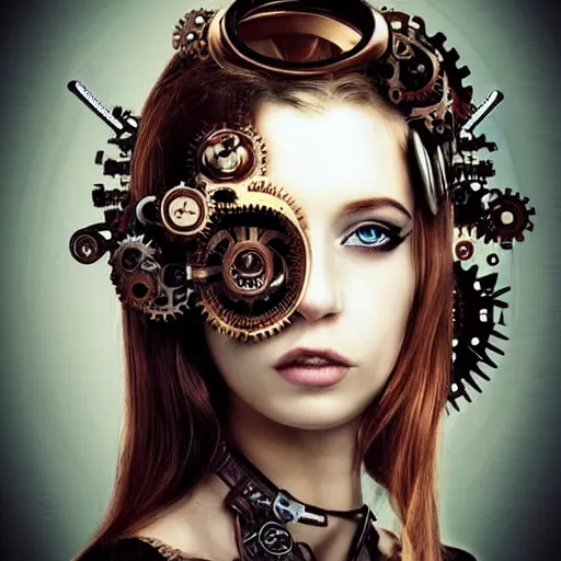 Image similar to beautiful half human half steampunk cyborg portrait, steampunk, extremely detailed, lush, gears, pretty, cinematic lighting, epic, intense, long hair, brown eyes, cool,