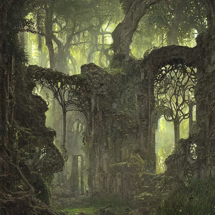 Image similar to ancient overgrown! ruins, medieval gates, runestones, mysetrious etherial mesmerizing runic!!, eyes, magical elven geometry, concept art by gustav klimt!, deviantart contest winner, environmental art, high detail, greg rutkowski