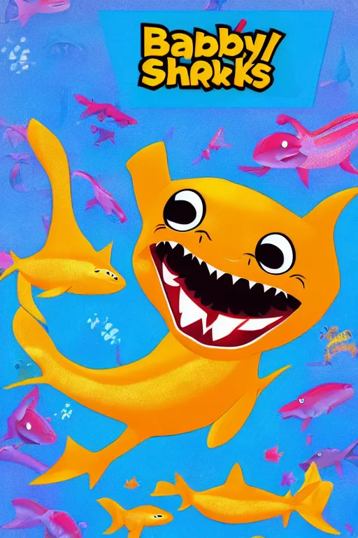 Prompt: baby shark in the style of atari 2 6 0 0 game box illustration