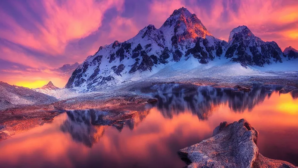 Image similar to amazing landscape photo of mountains with lake in sunset by marc adamus, beautiful dramatic lighting