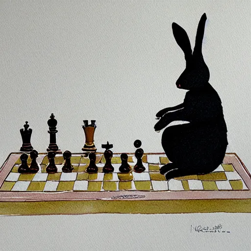 Image similar to first person view, playing chess against a rabbit, watercolour realism