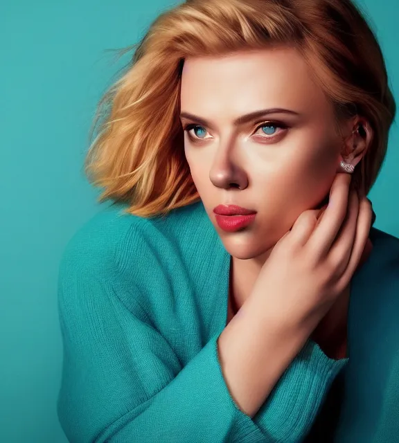 Image similar to portrait photo of Scarlett Johansson:: symmetric face, symmetric eyes, slight smile, photo by Annie Leibovitz, 85mm, teal studio backdrop, Getty images