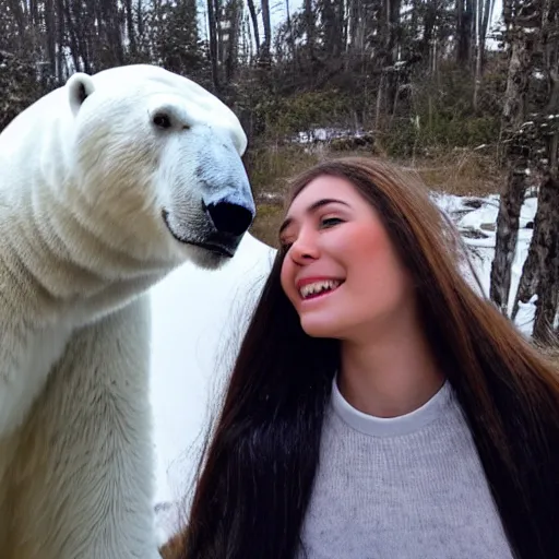 Prompt: a beautiful girl taking a selfie one second before being mauled by a polar bear
